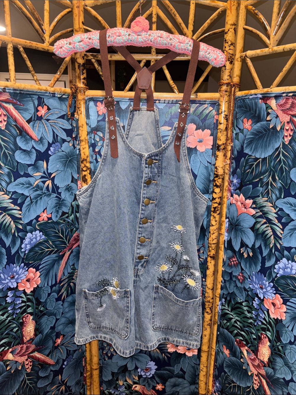ROMWE Blue Denim Daisy Embroidered Button-Front Jumper